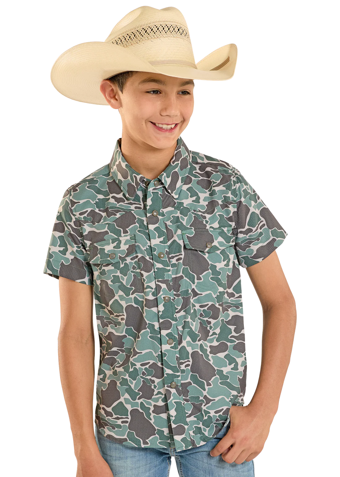 Rock & Roll Denim Boys' TEK Western Green Camo Short Sleeve Shirt