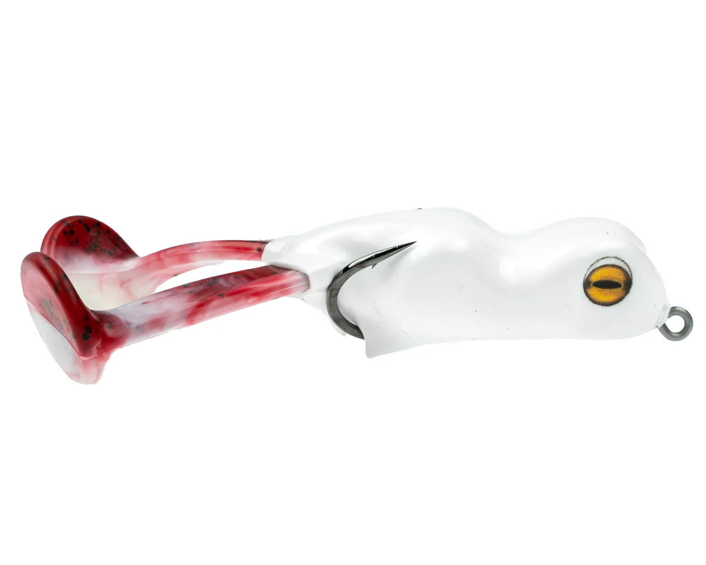 White and red fishing lure with a yellow eye on a white background
