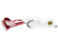White and red fishing lure with a yellow eye on a white background