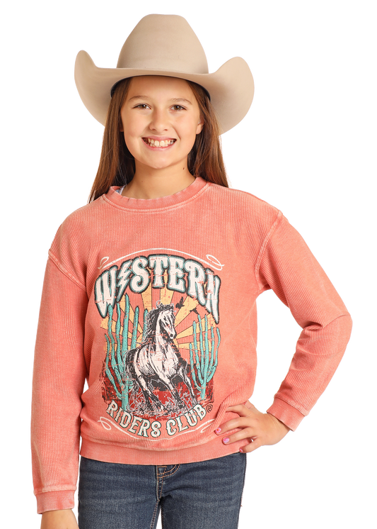 Rock & Roll Denim Girl's Coral Western Riders Club Graphic Pullover