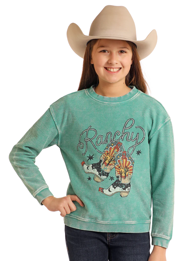 Rock & Roll Denim Girls' Cowgirl Boot Graphic Ribbed Pullover