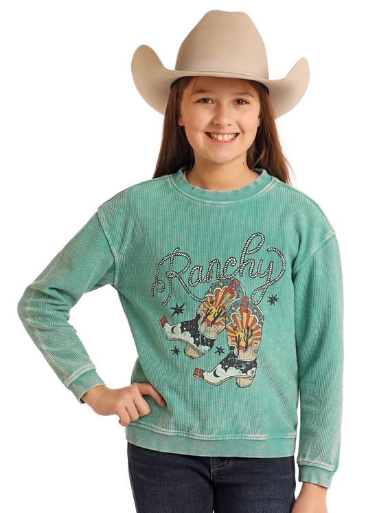 Rock & Roll Denim Girls' Cowgirl Boot Graphic Ribbed Pullover