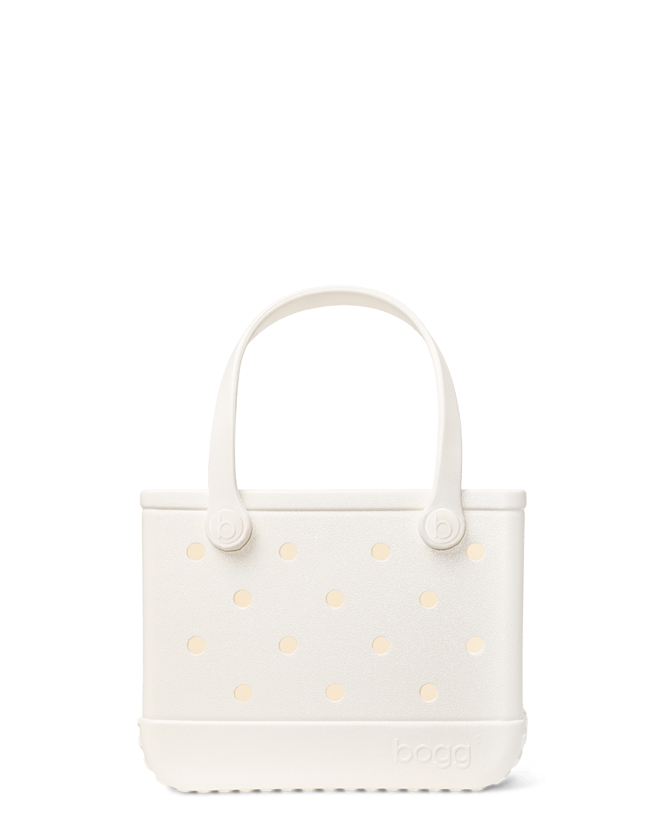Cream shimmer Bitty Bogg bag on a white background