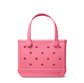 Pink shimmer bogg bag with branding on a white background