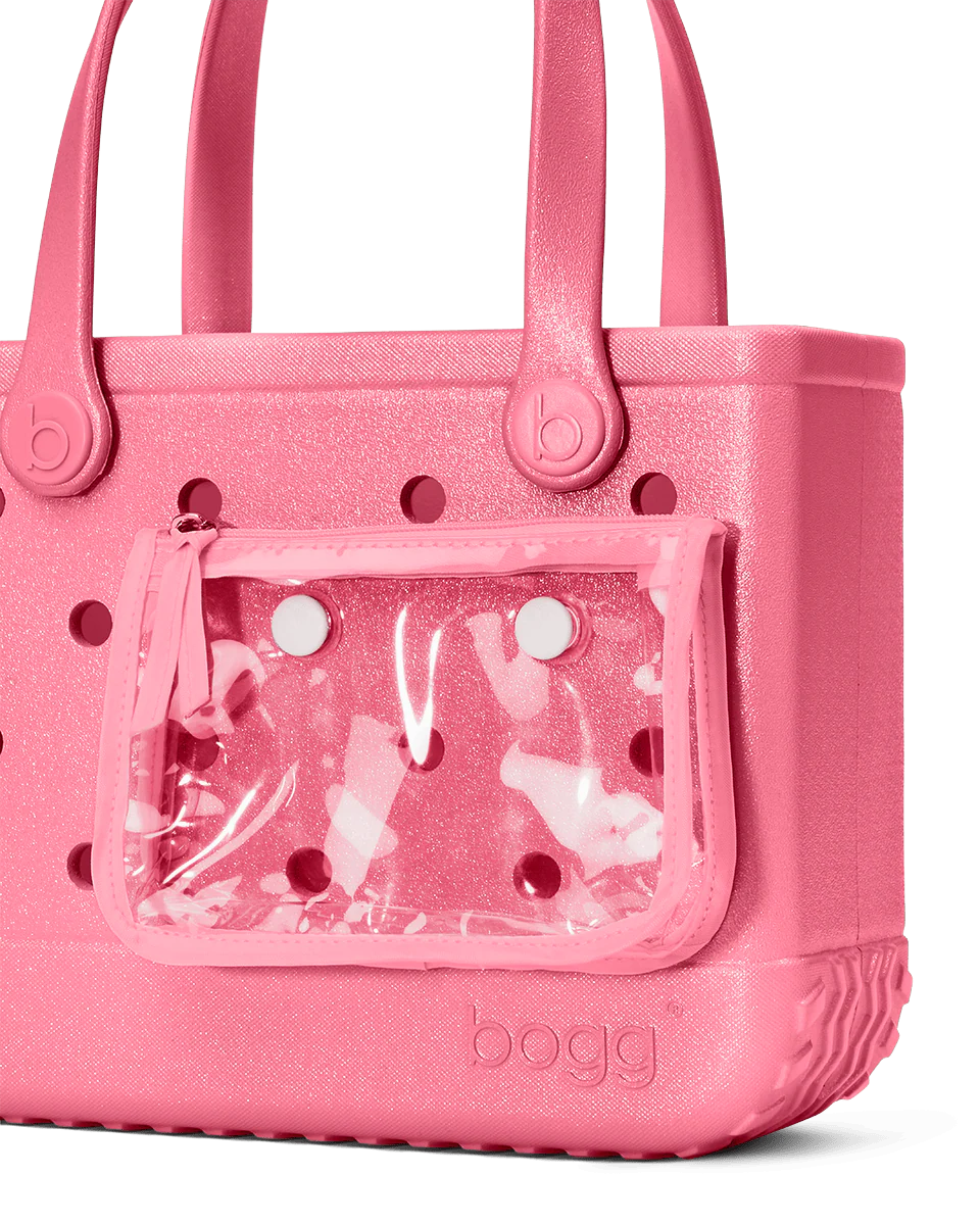 Pink bogg bag with clear pouch on a white background