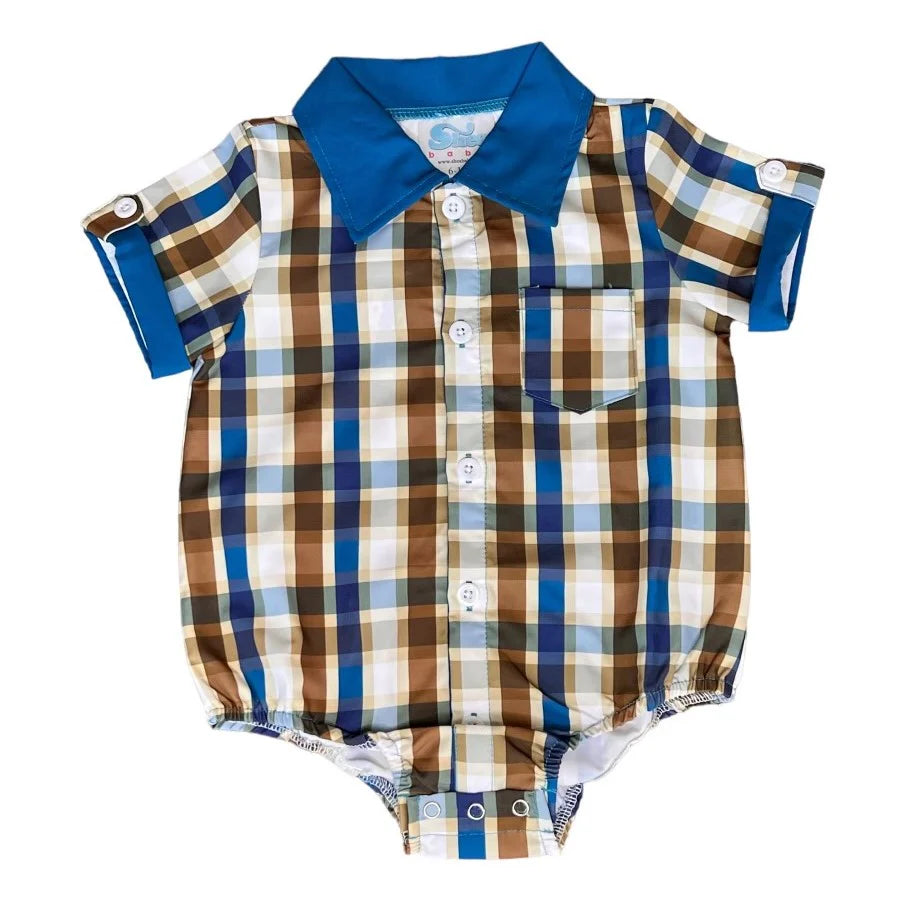 Shea Baby Blue Plaid Short Sleeve Onesie