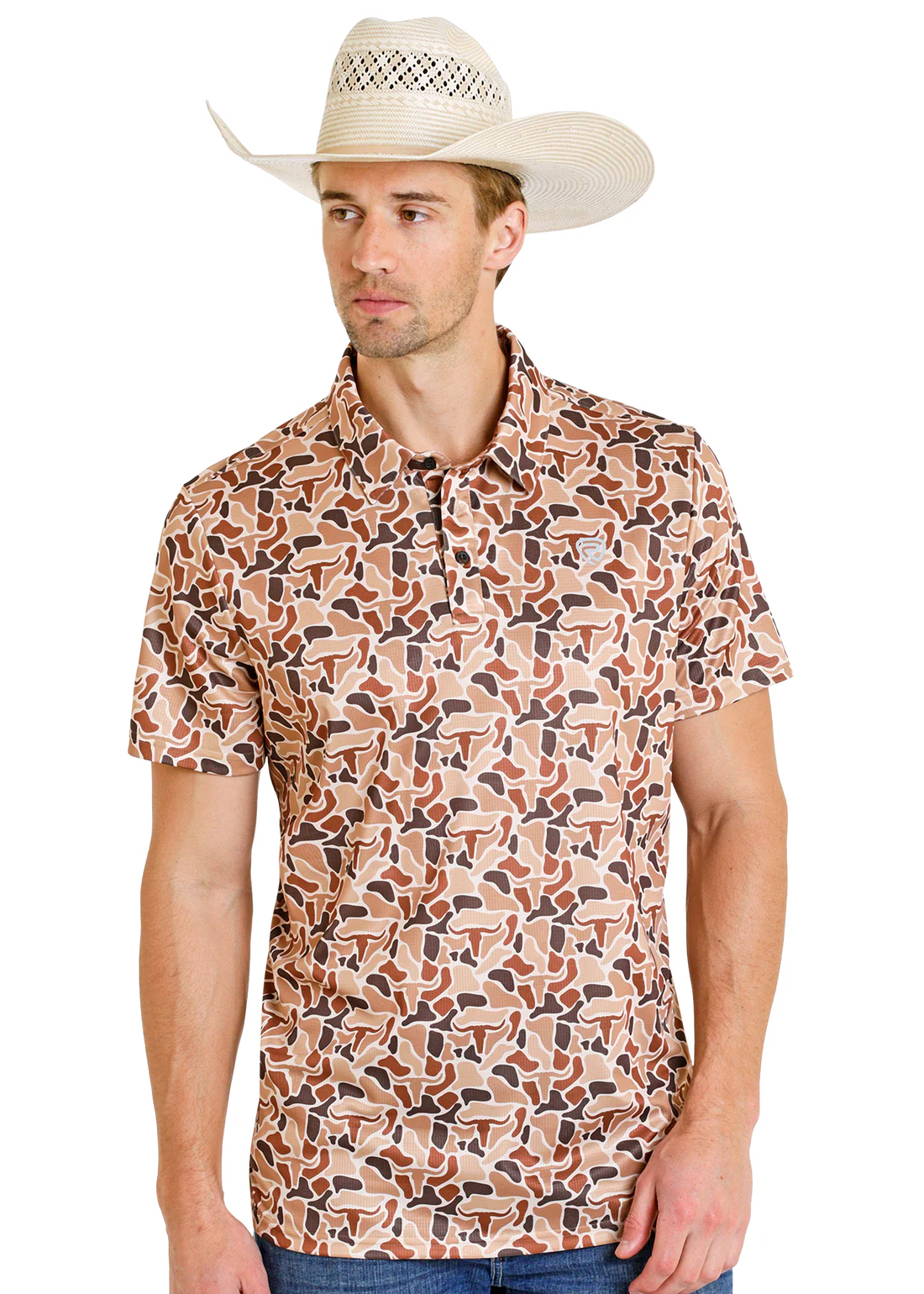 Rock & Roll Denim Camo Steer Print Polo