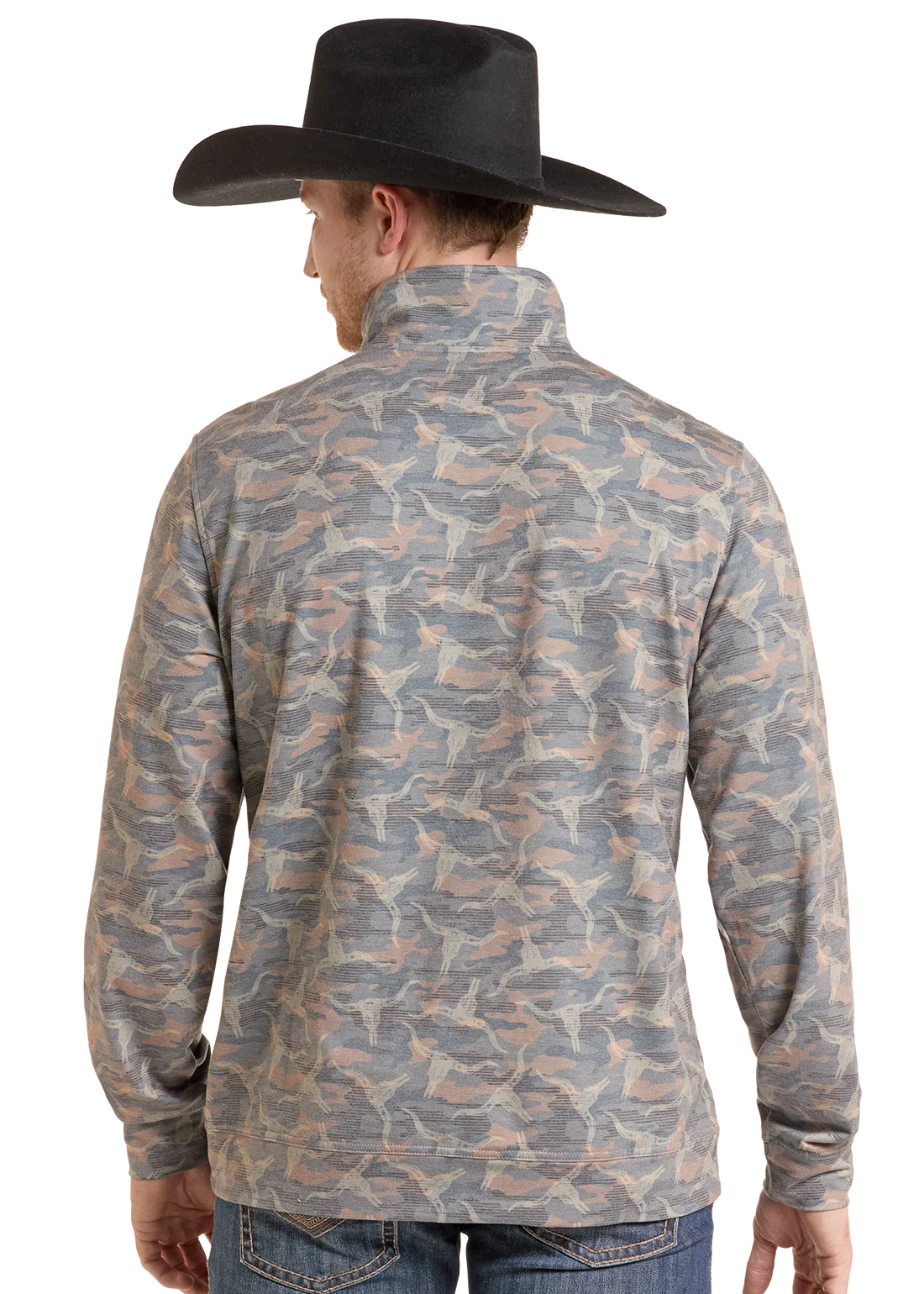 Rock & Roll Denim Long Horn Camel Camo Quarter Zip Pullover