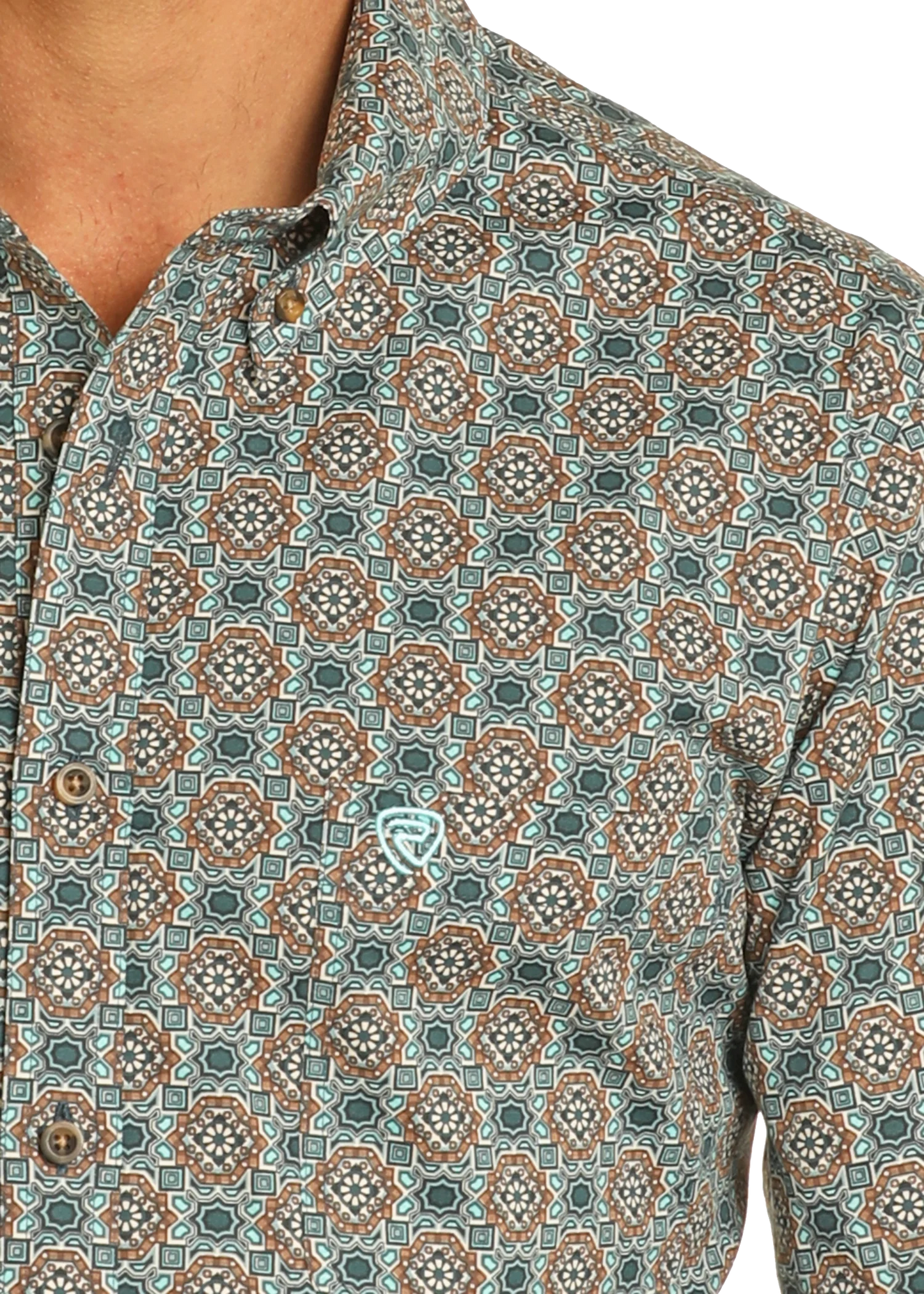 Rock & Roll Denim Classic Fit Turquoise Medallion Long Sleeve Button Down Shirt