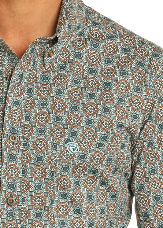 Rock & Roll Denim Classic Fit Turquoise Medallion Long Sleeve Button Down Shirt