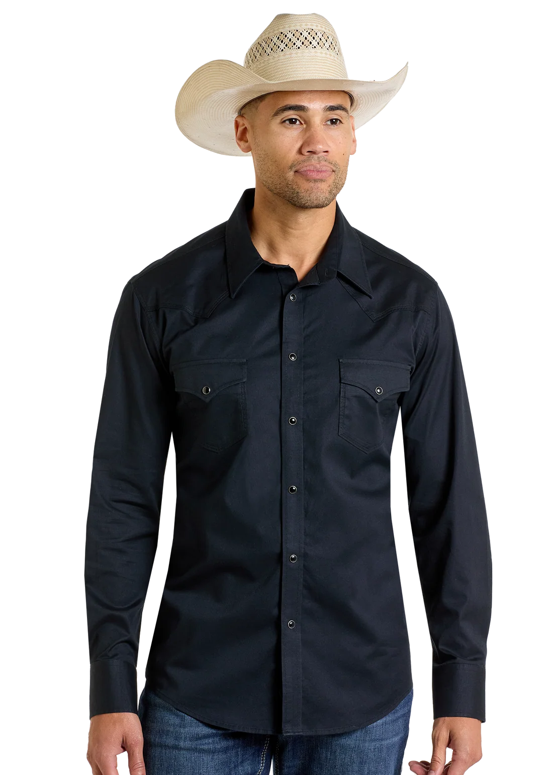 Rock & Roll Denim Slim Fit Black Twill Long Sleeve Snap Shirt