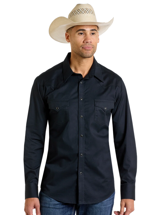 Rock & Roll Denim Slim Fit Black Twill Long Sleeve Snap Shirt