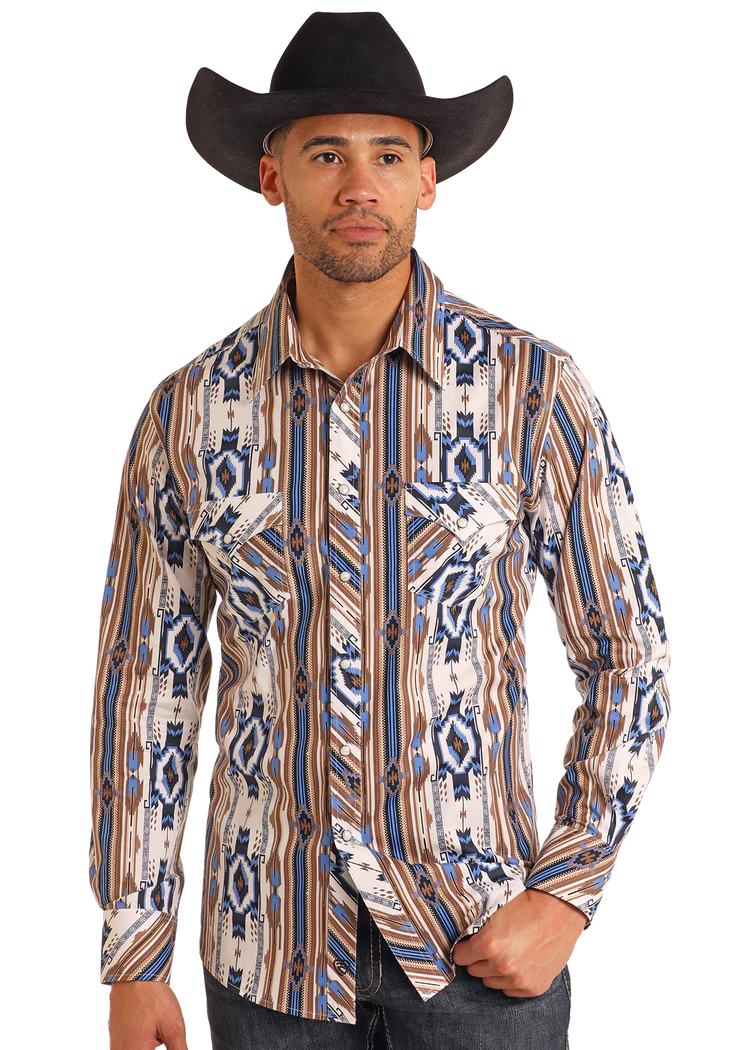 Rock & Roll Denim Slim Fit Tan Southwestern Print Shirt