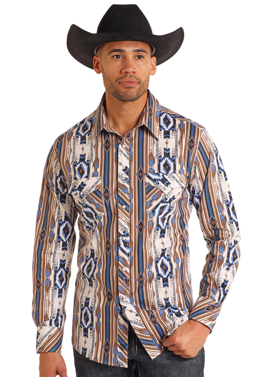 Rock & Roll Denim Slim Fit Tan Southwestern Print Shirt