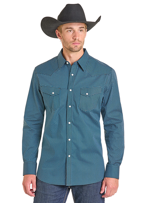 Rock & Roll Geo Print Long Sleeve Snap Shirt in Caribbean