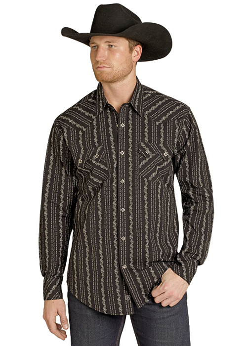 Rock & Roll Denim Black Wallpaper Print Western Shirt