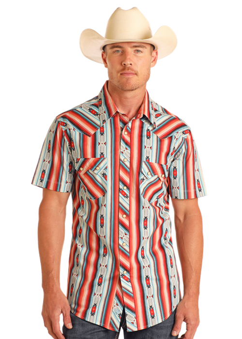 Rock & Roll Aztec Stripe Print Short Sleeve Snap Shirt