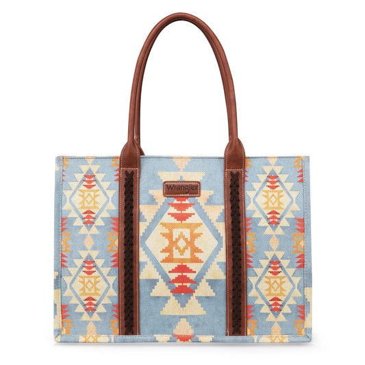 Wrangler Brown Southwestern Pattern Dual Sided Print Canvas Wide Tote