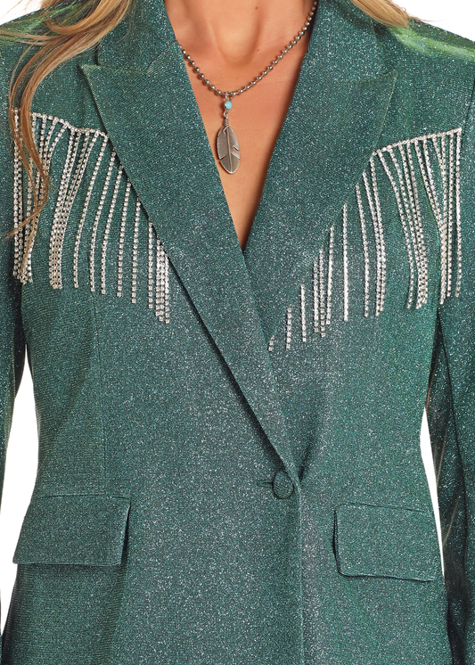 Rock & Roll Denim Turquoise Iridescent Fringe Blazer