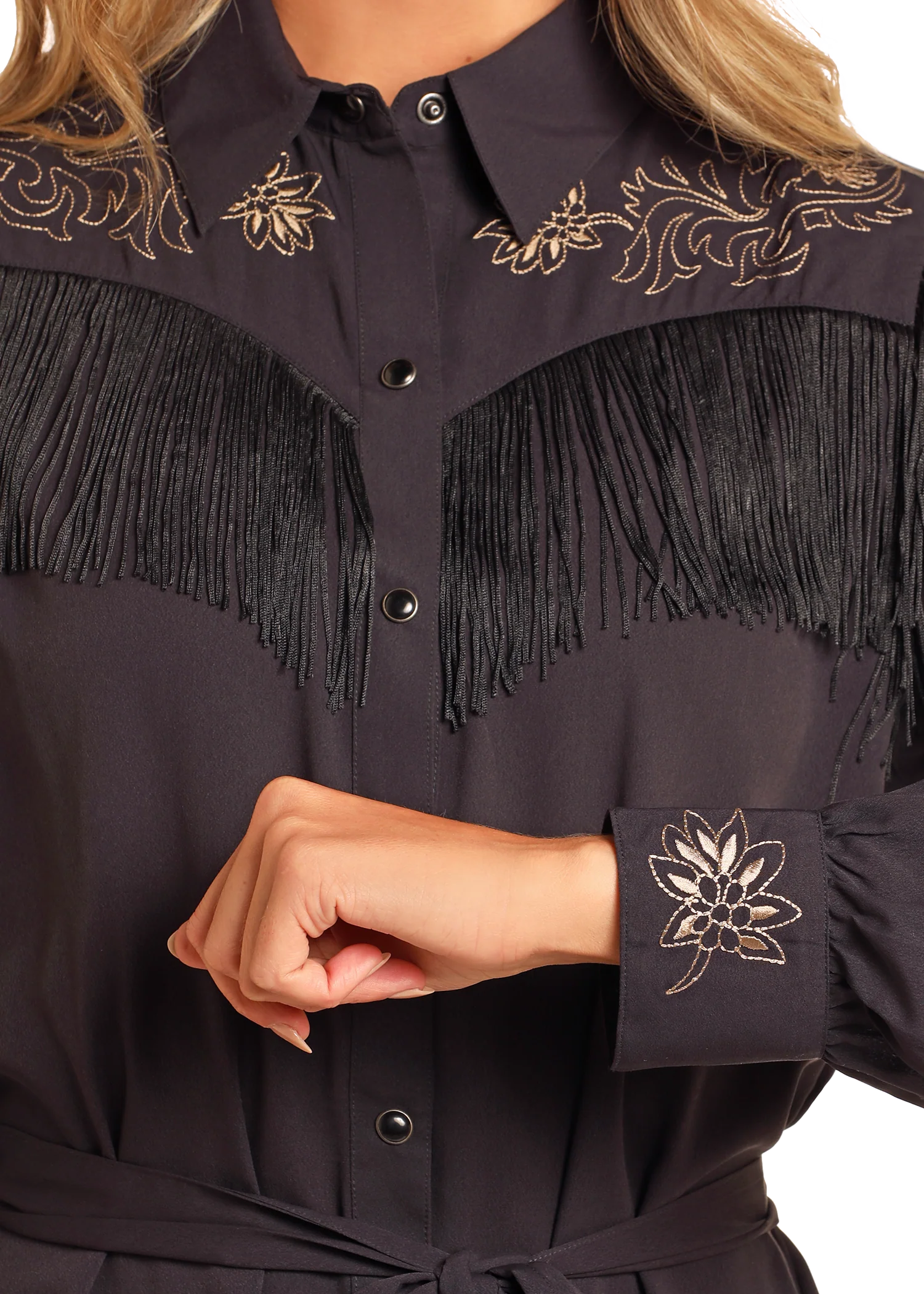 black denim fringe dress Rodeo Diva Fringe Denim Dress In Black