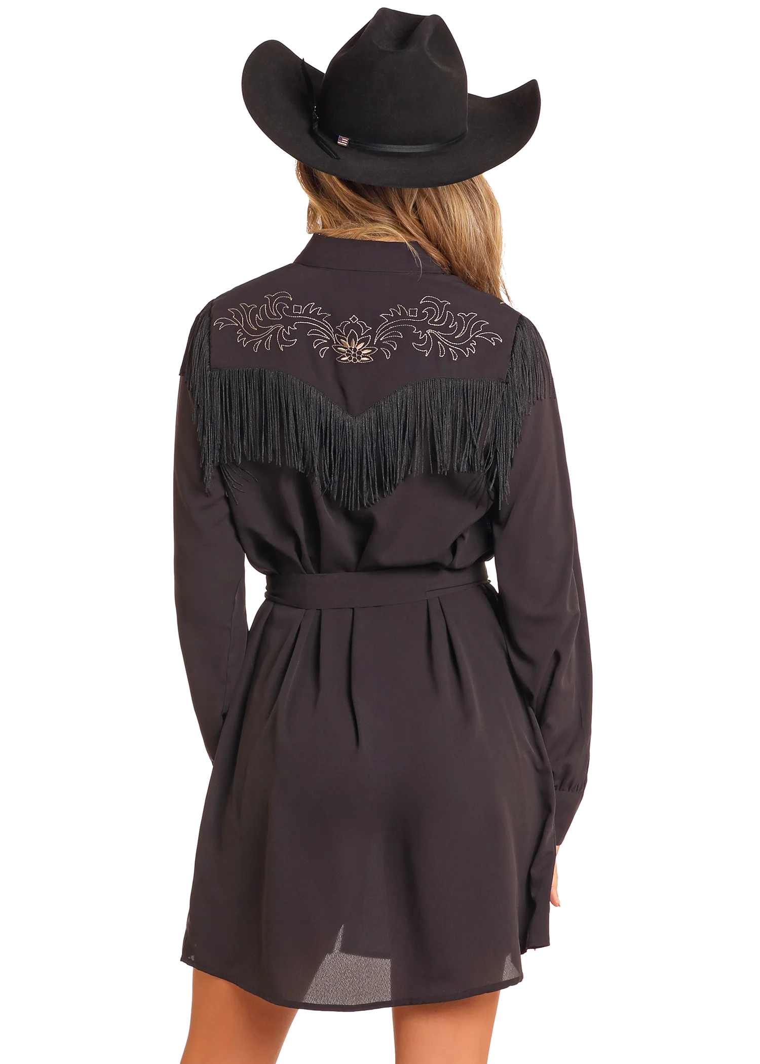 Rock & Roll Denim Black Embroidered Dress with Fringe M Rock & Roll Denim Black Embroidered Dress with Fringe M