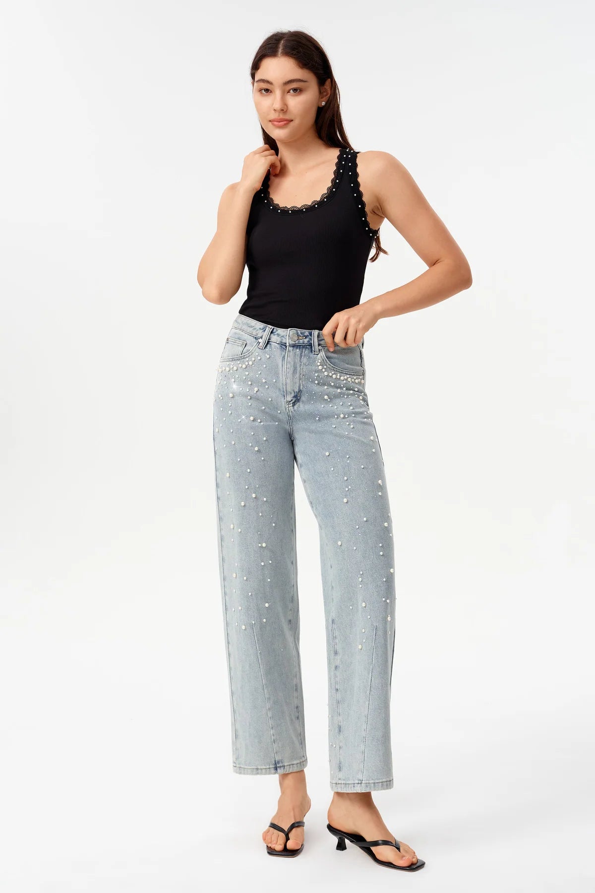 Bayeas High Rise Rhinestone Barrel Leg Jeans in Glacier