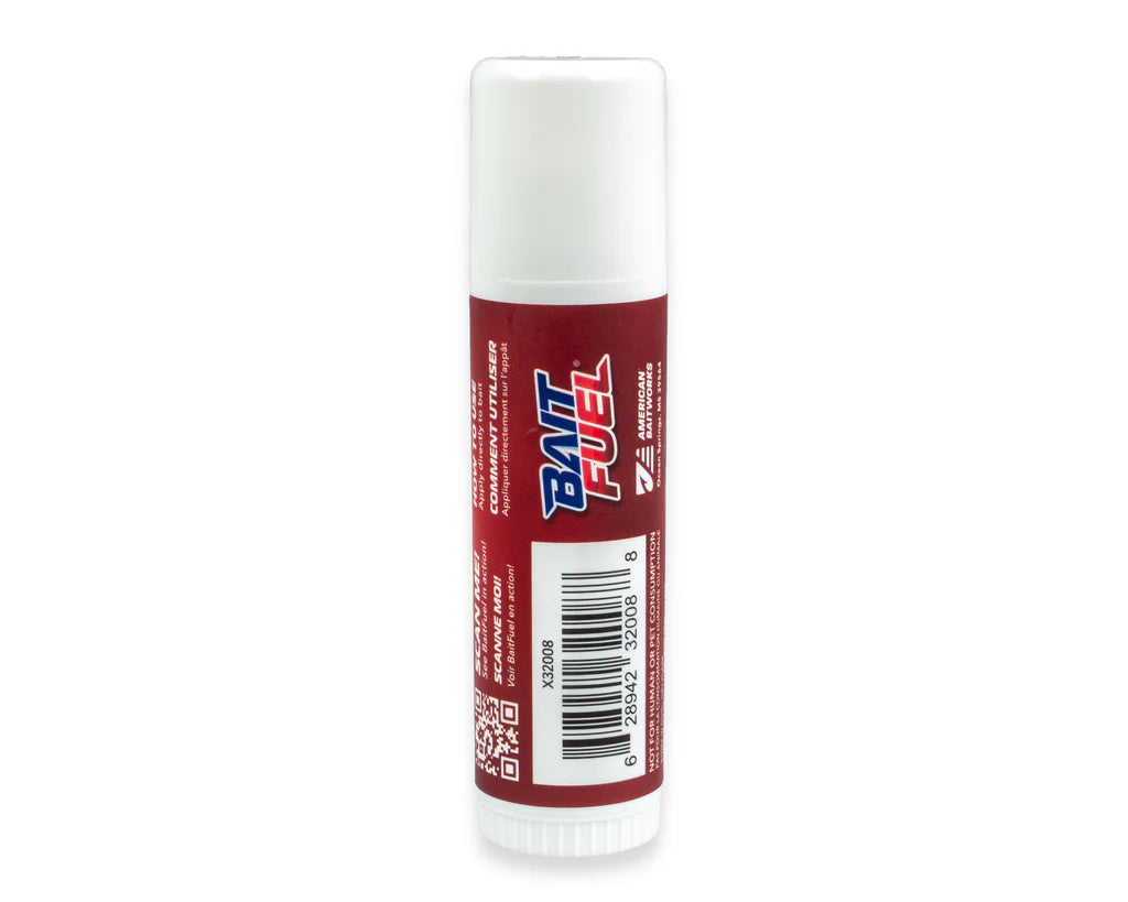Bait Fuel stick with red and white label on a white background