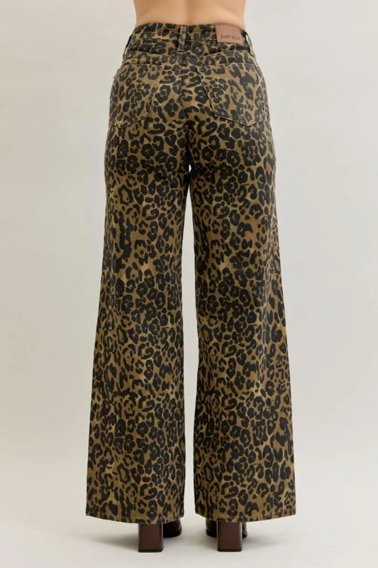 Judy Blue High Waist Retro Leopard Wide Leg Jeans