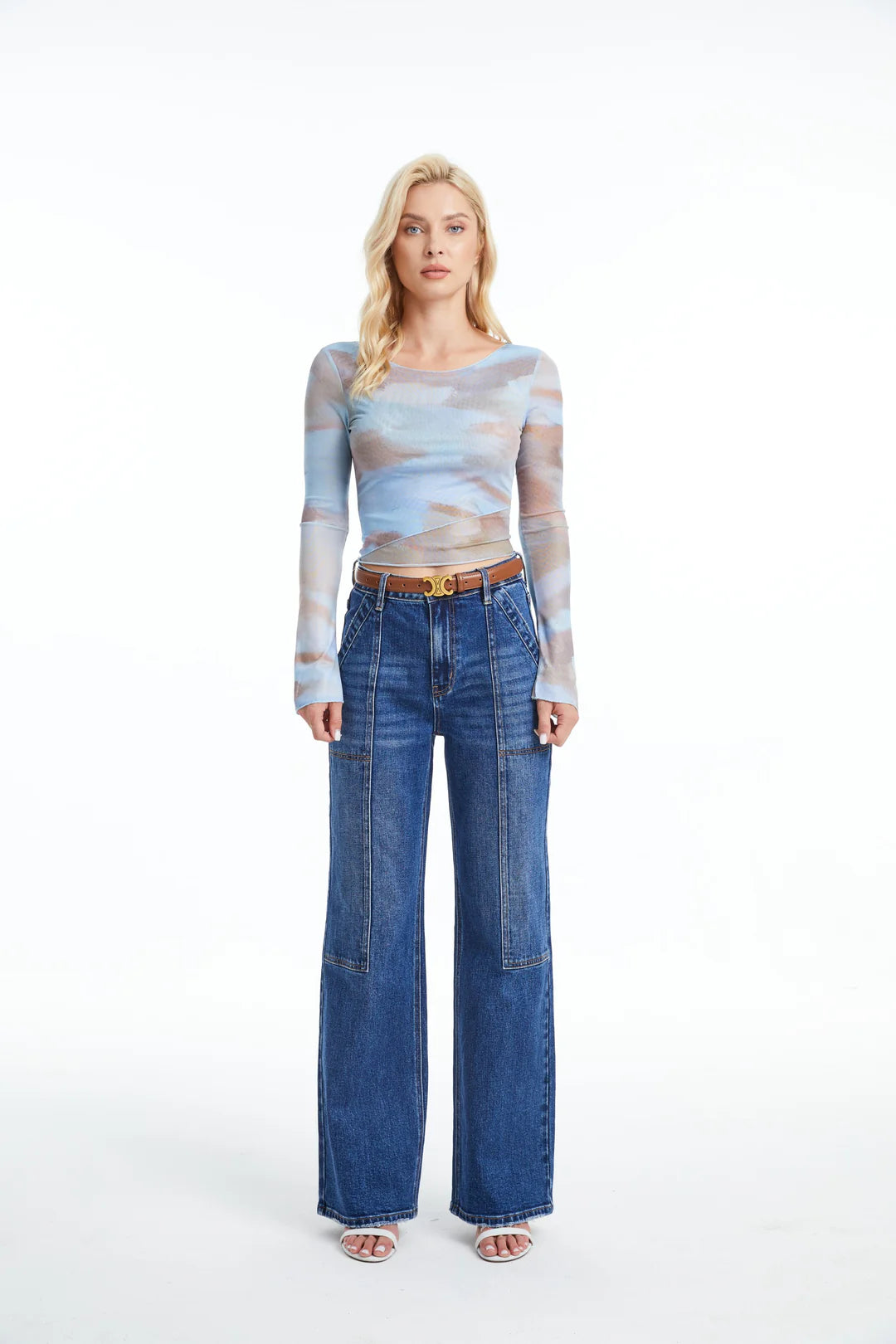 BAYEAS High Rise Wide Leg Denim Jeans in Deep Sea