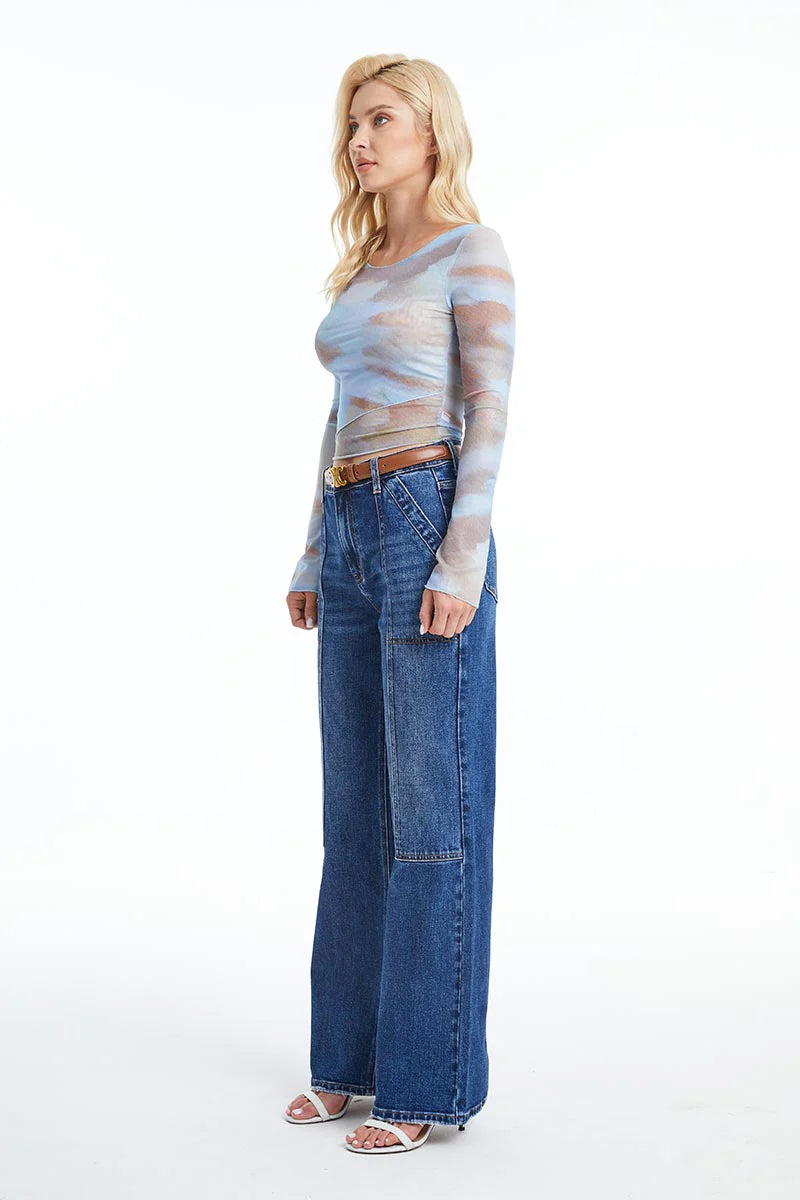 BAYEAS High Rise Wide Leg Denim Jeans in Deep Sea