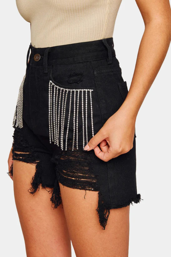 Buddy Love Elvis Crystal Fringe Denim Shorts