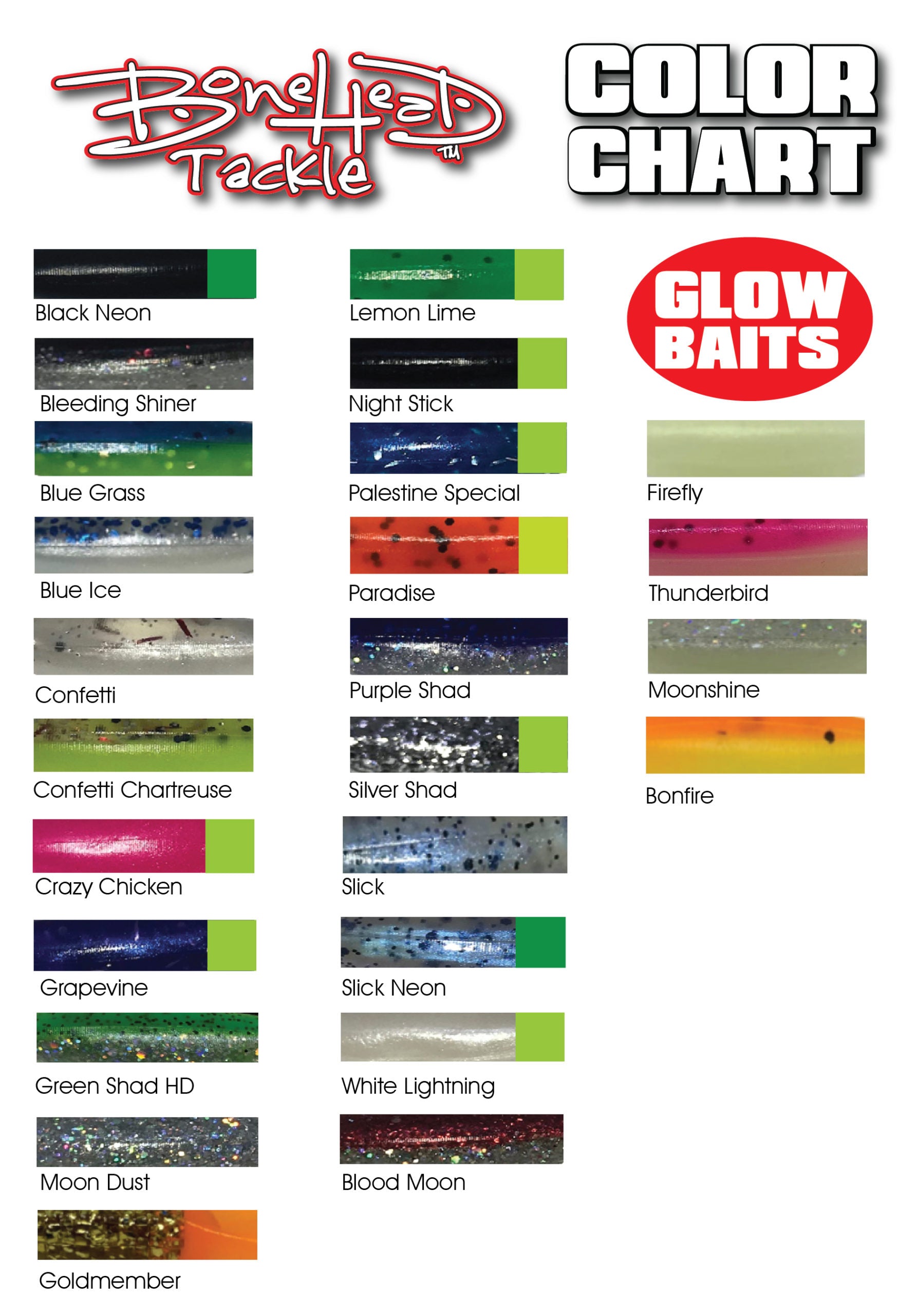 Color chart for glow baits by Bonehead Tackle with various color names.