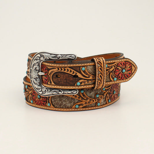 Ariat Ladies 1-1/2" Calf Hair Underlay Red Flower Tan Belt