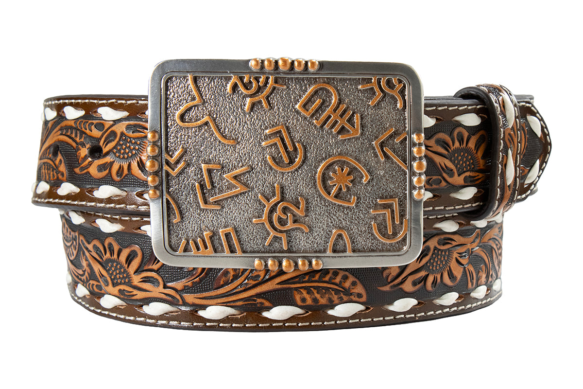 Angel Ranch 1 1/2" Brown Floral Embossed Belt with Brand Buckle