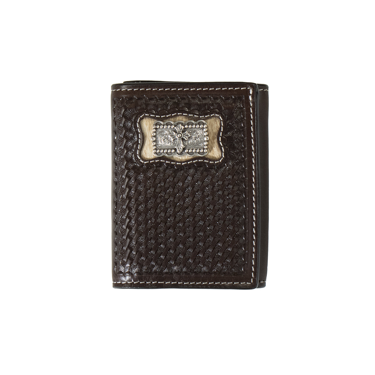 3D Brown Calf Hair Cross Concho Trifold Wallet