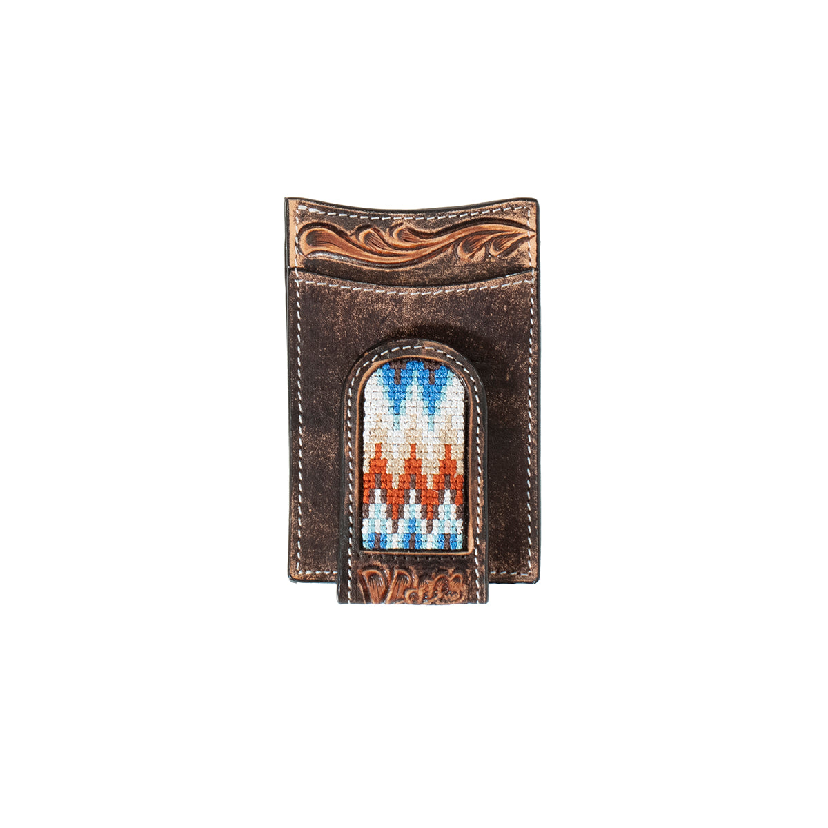 3D Brown Hand Tooled Scroll Embroidered Inlay Money Clip