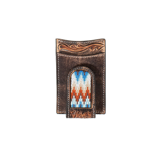 3D Brown Hand Tooled Scroll Embroidered Inlay Money Clip