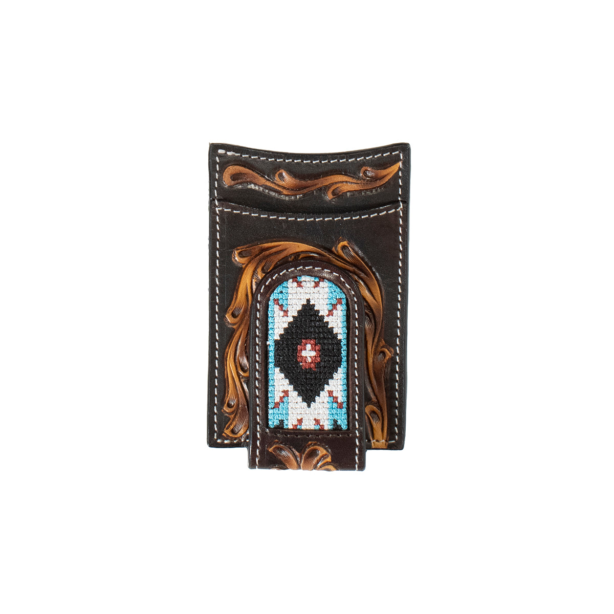 3D Brown Hand Tooled Floral Embroidered Inlay Money Clip