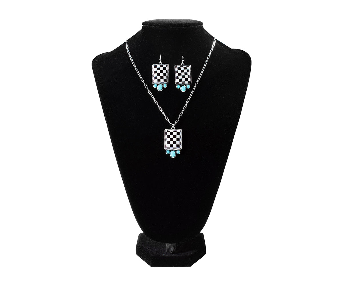Silver Strike Black and White Checker with Turquoise Necklace and Earring Set