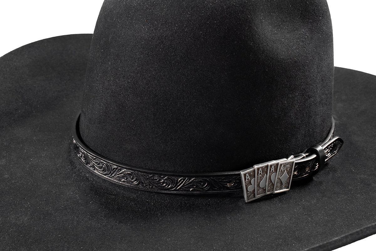 3D 5/8" Black Embossed Ace Cards Buckle Hatband