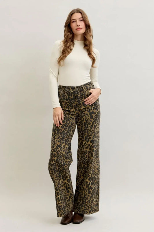 Judy Blue High Waist Retro Leopard Wide Leg Jeans