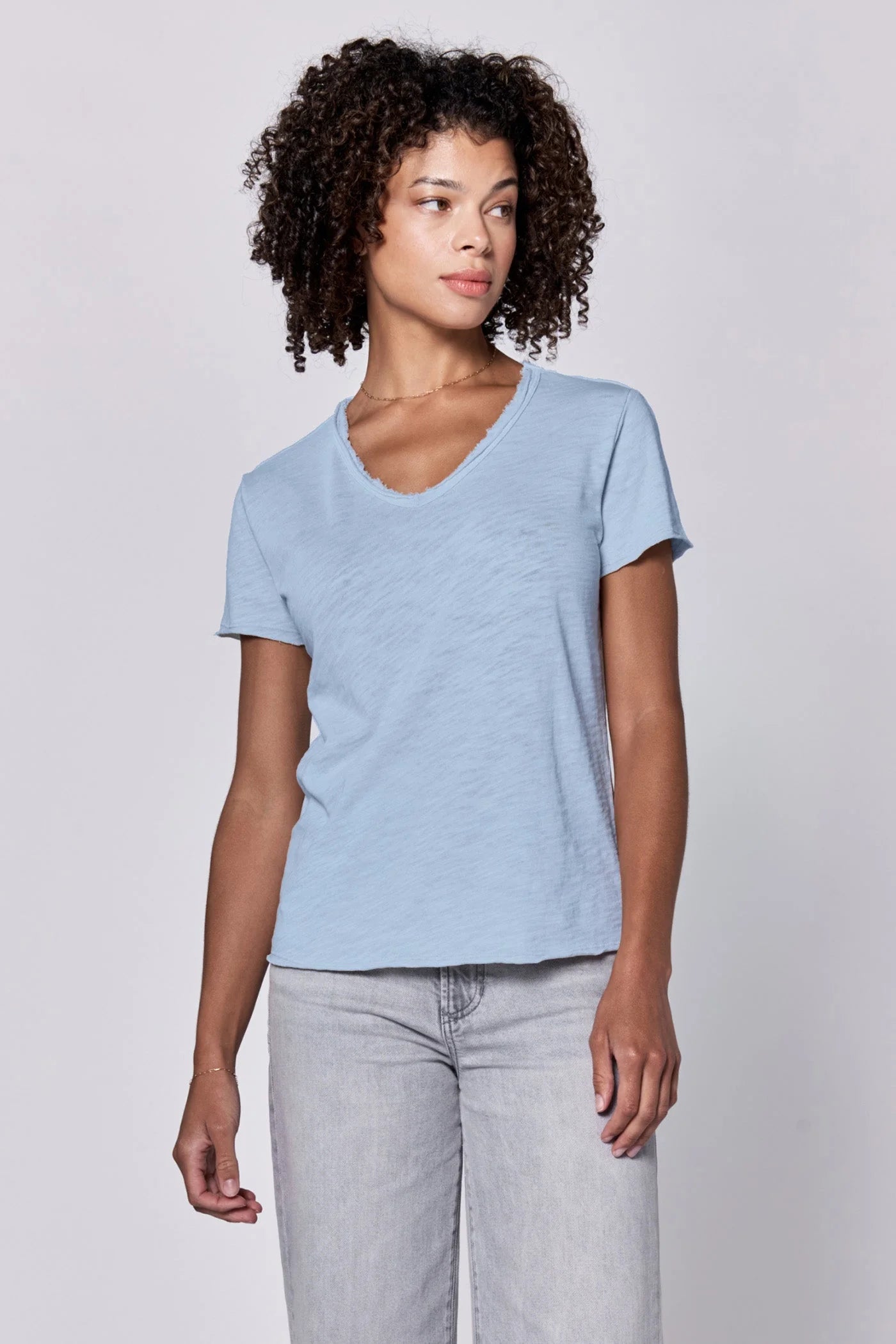 Dear John V-Neck Short Sleeve Slub Jersey Top in Skyway