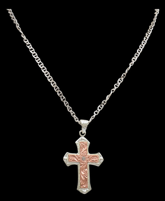 Men's Silver and Copper Cross with Engraving Necklace