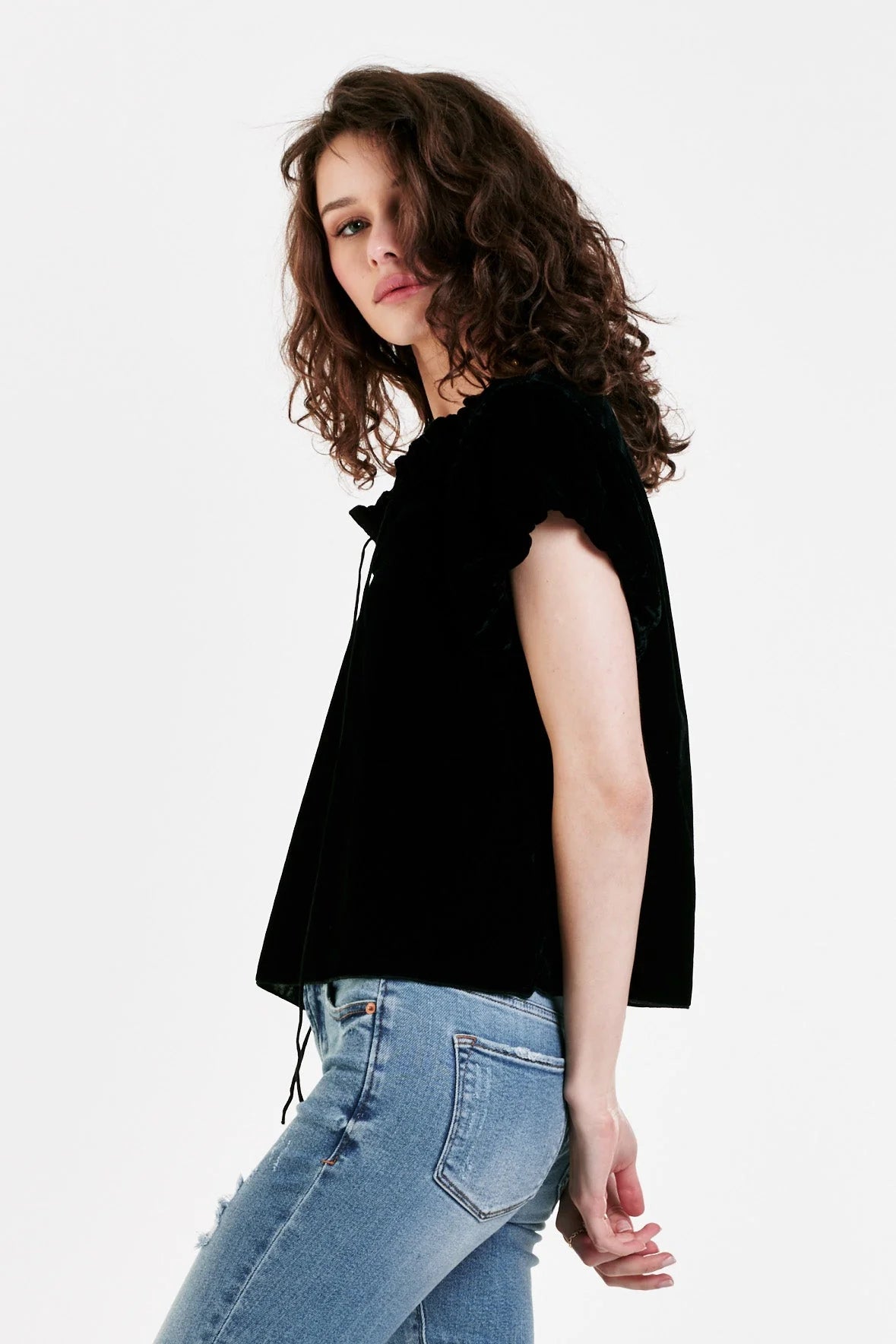 Dear John Maggie Puff Sleeve Top in Black Velvet