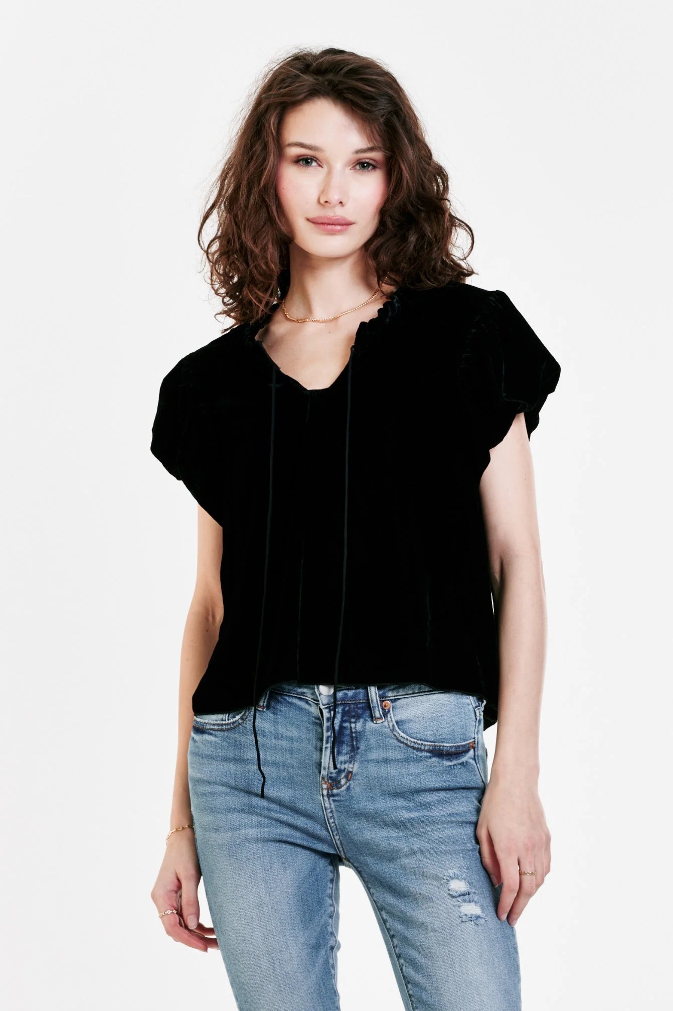 Dear John Maggie Puff Sleeve Top in Black Velvet