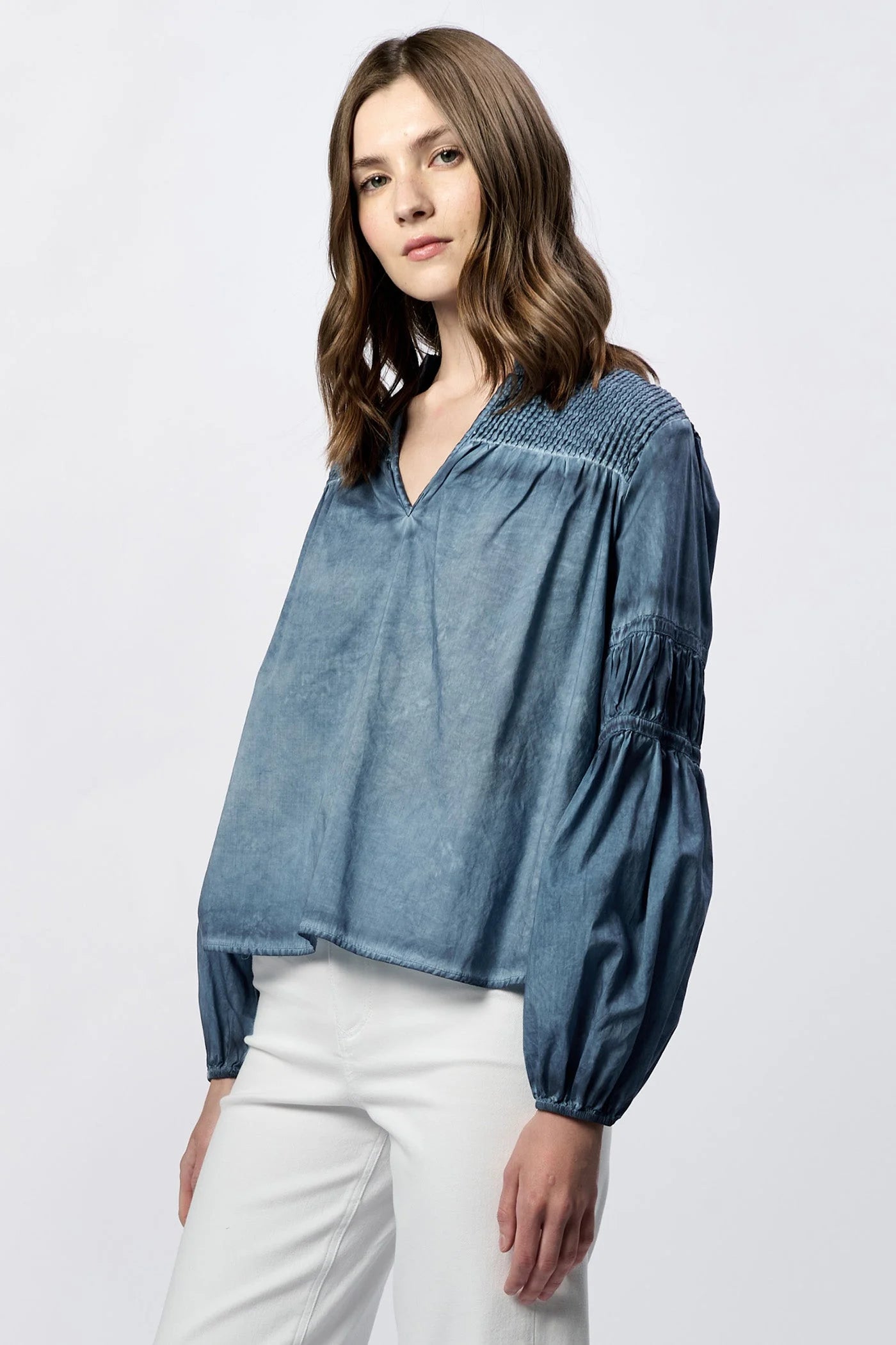 Dear John Adagio V-Neck Long Sleeve Relaxed Fit Blouse Skyway