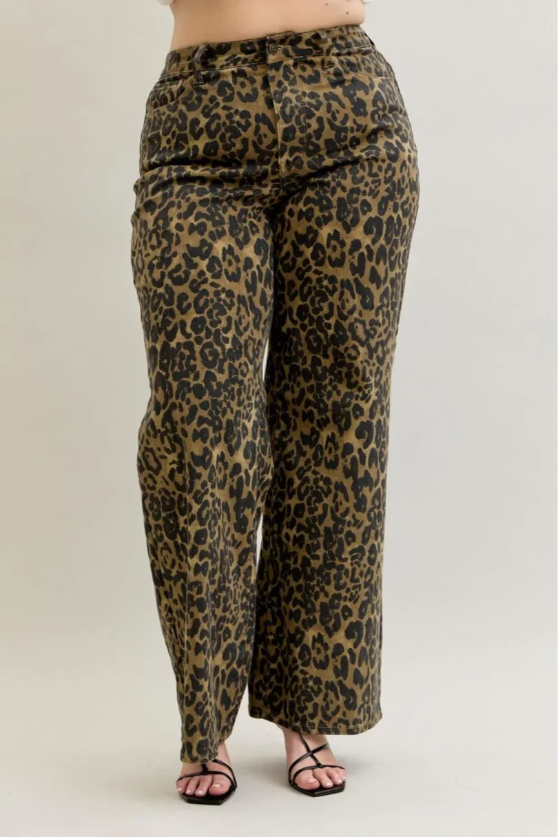 Judy Blue High Waist Retro Leopard Wide Leg Jeans