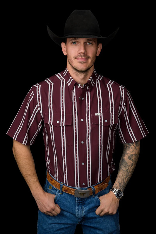 Ferrell Brand The Tucker Short Sleeve Pearl Snap Shirt in Maroon
