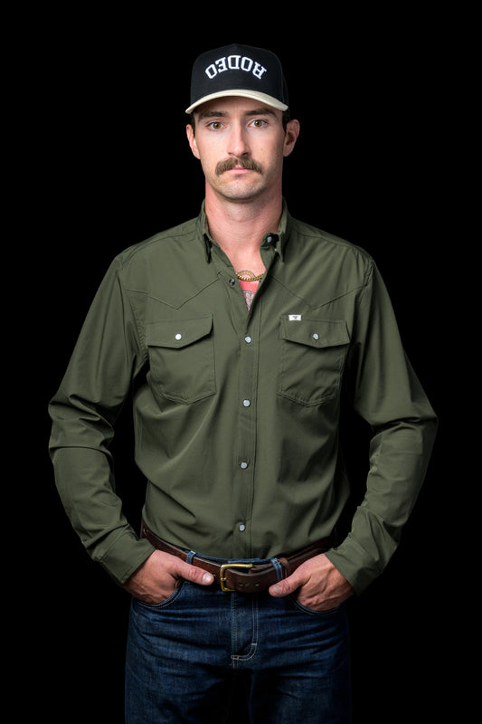 Ferrell Men's Olive Green Long Sleeve Snap Shirt