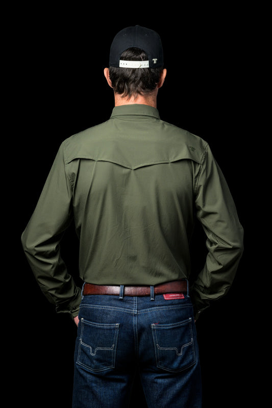 Ferrell Men's Olive Green Long Sleeve Snap Shirt
